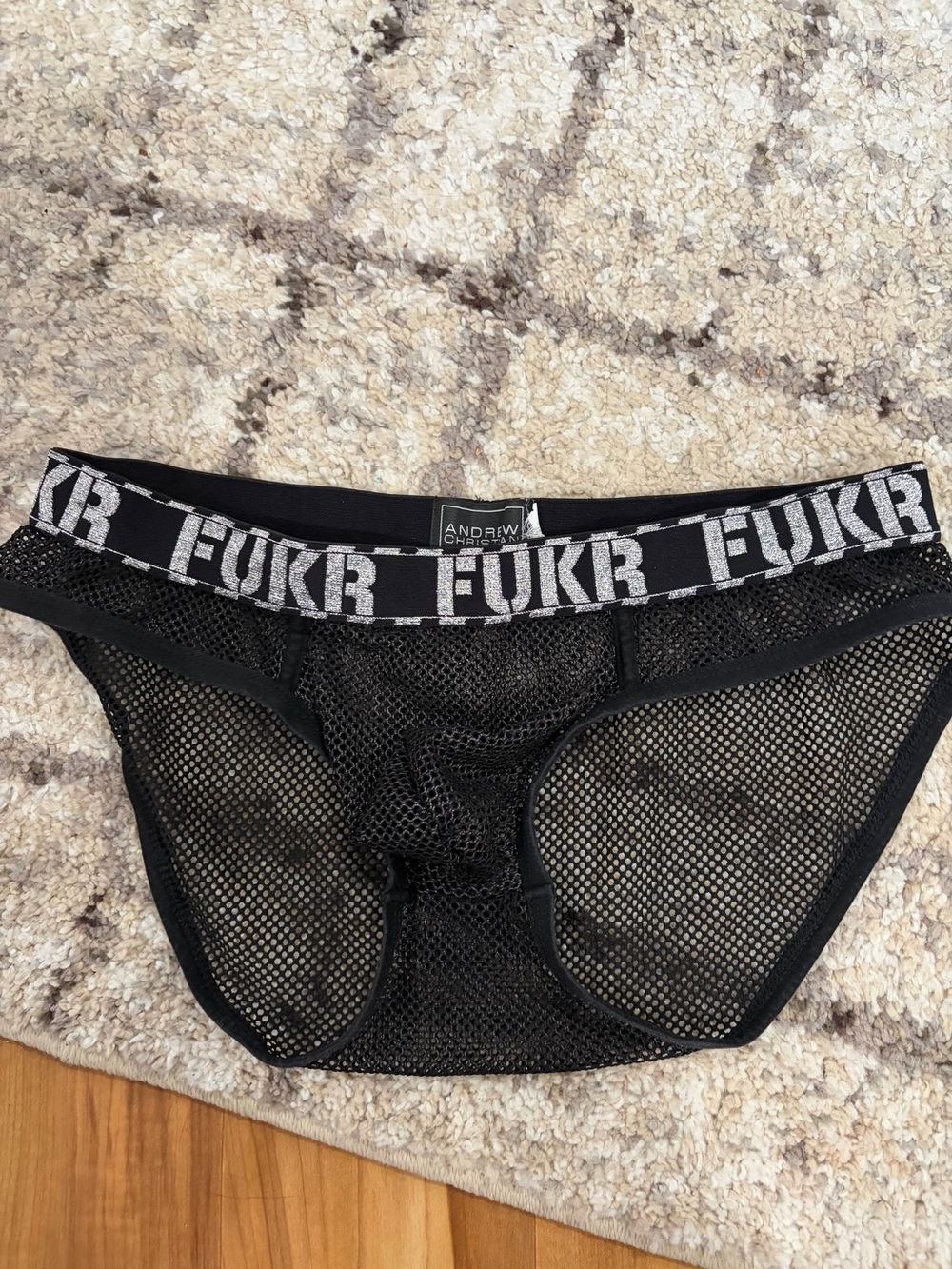 Andrew Christian Black Mesh Brief with White 'FUKR' Waistband